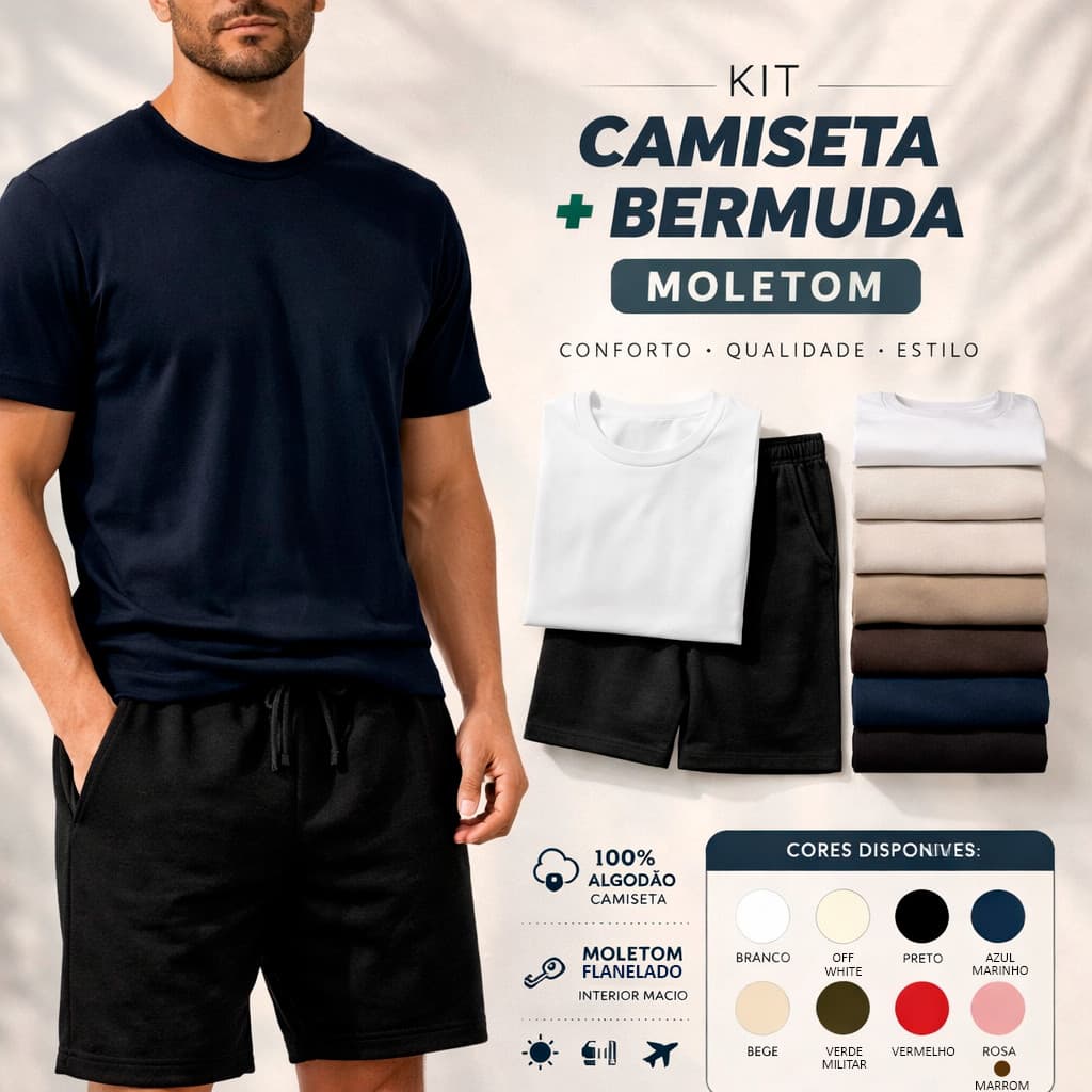 Conjunto Masculino Camiseta Básica Lisa Premium + Short Moletom Flanelado Forrado Bermuda e Camisa