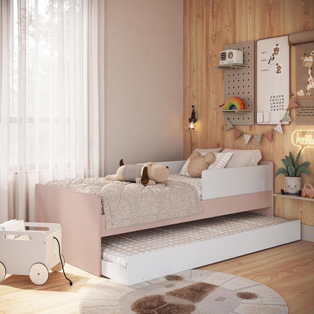 Cama Infantil Montessori de Solteiro 188x88 cm em MDP com Cama Auxiliar e Protetor Lateral