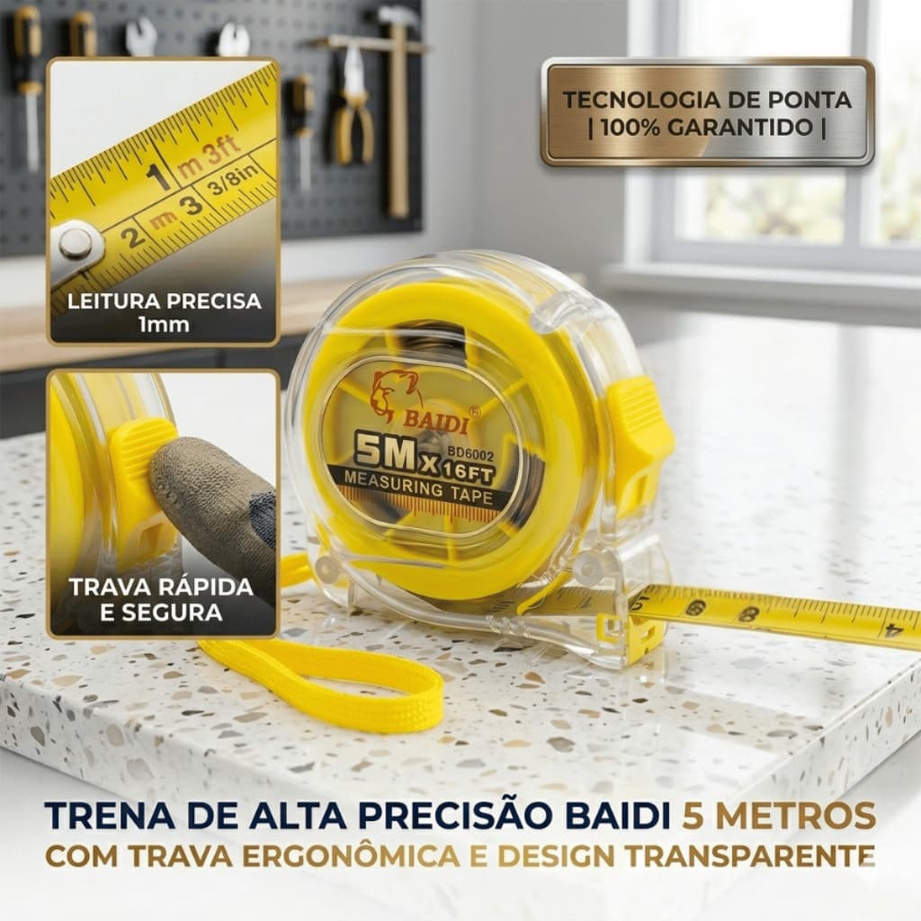 Kit 4 Trena Fita Métrica Trava Manual 5 Metros Suporte para Cinto Profissional Medida Precisão Baidi
