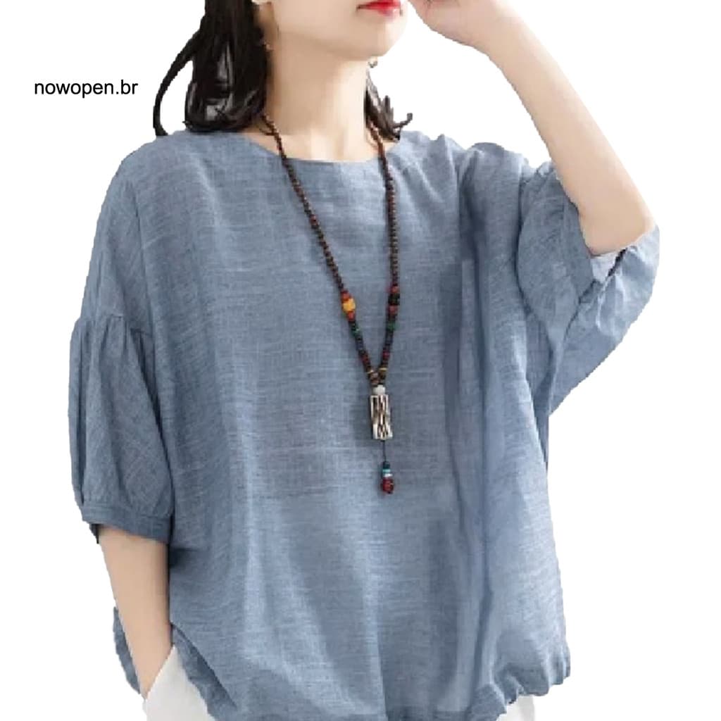 Blusa Meia Manga Respirável Algodão Linho Feminino Morcego Camisa Bainha Roupas Para Uso Diário