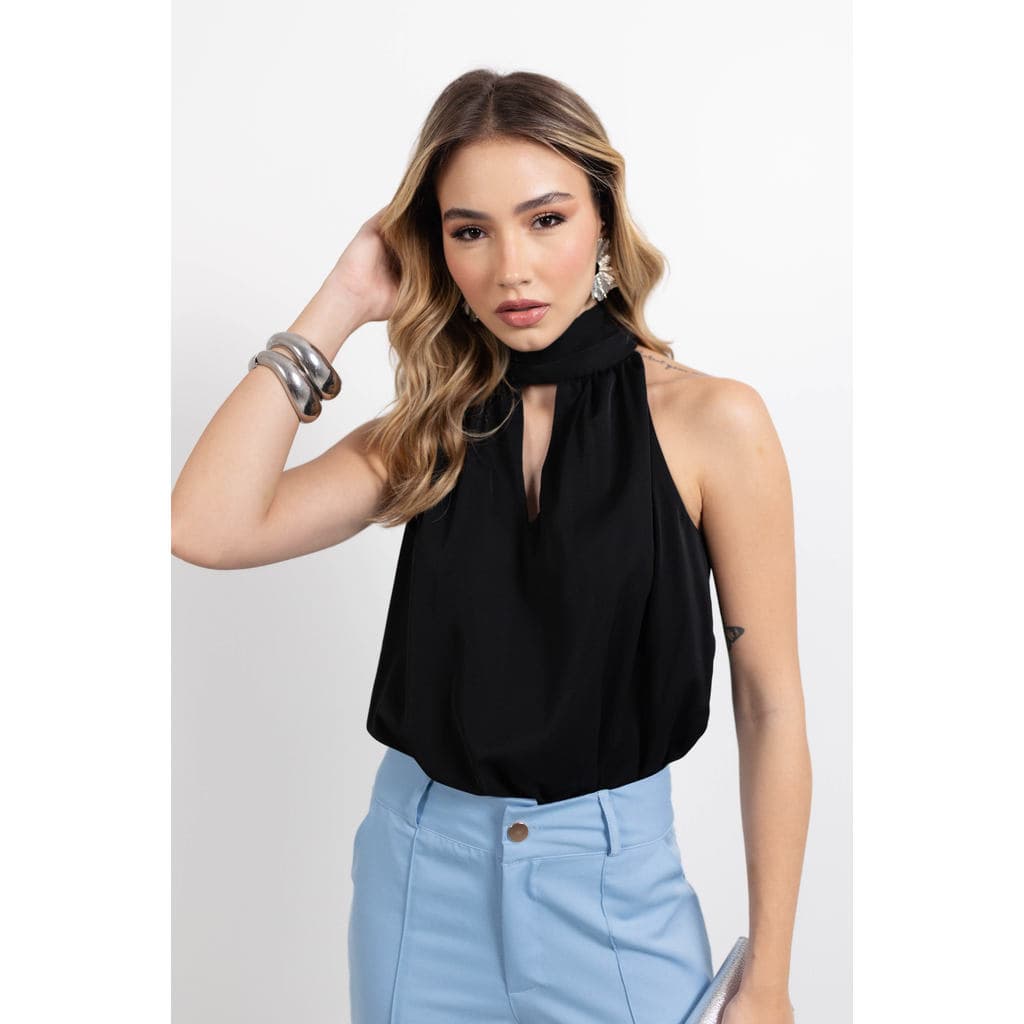 Body Feminino Gola Alta com Amarração e Decote Gota Elegante - Joane