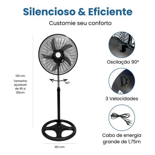 Ventilador Coluna Pedestal 50cm 5pás Silencioso Preto 127v Preto Plástico