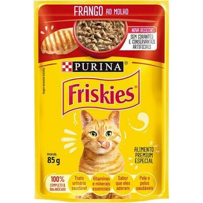 Sachê Friskies para gatos adultos sabor frango ao molho 85g.