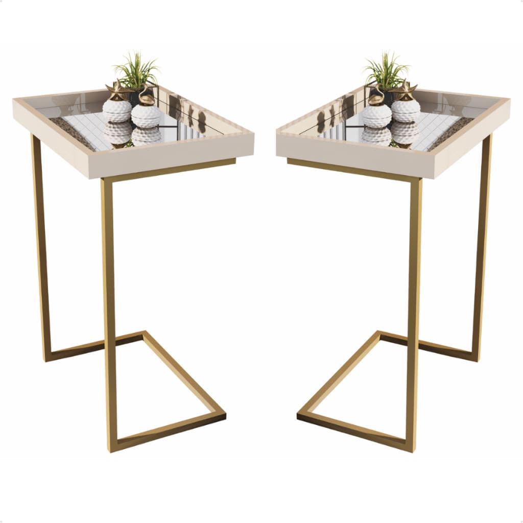 Conjunto Mesa de Apoio Espelhada com Pés de Ferro Design Moderno para Sala Sofá e Decoração Elegante