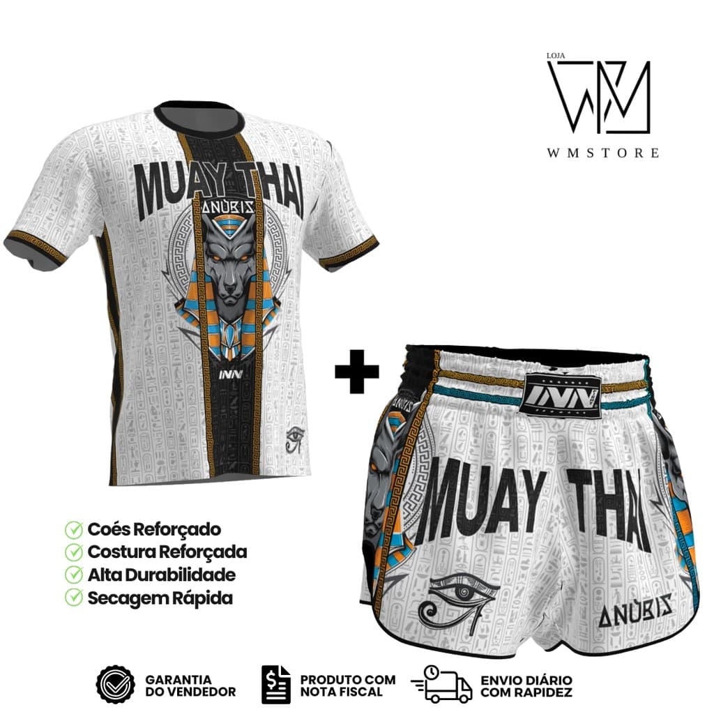 Conjunto Camiseta e Short Muay Thai Unissex Anúbis Branco