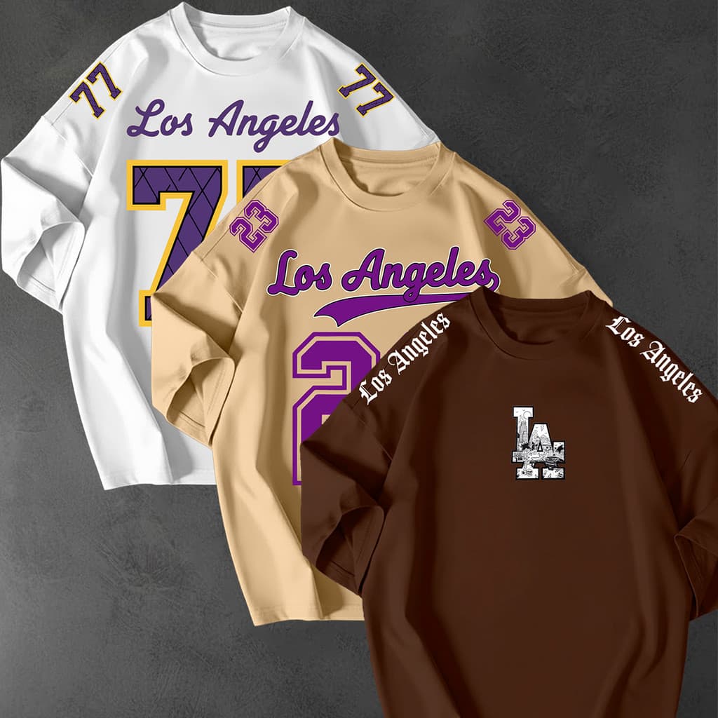 Kit 3 Camisetão Oversized Streetwear Los Angeles 77 23 Estampas Variadas Unissex Algodão Blusão Top