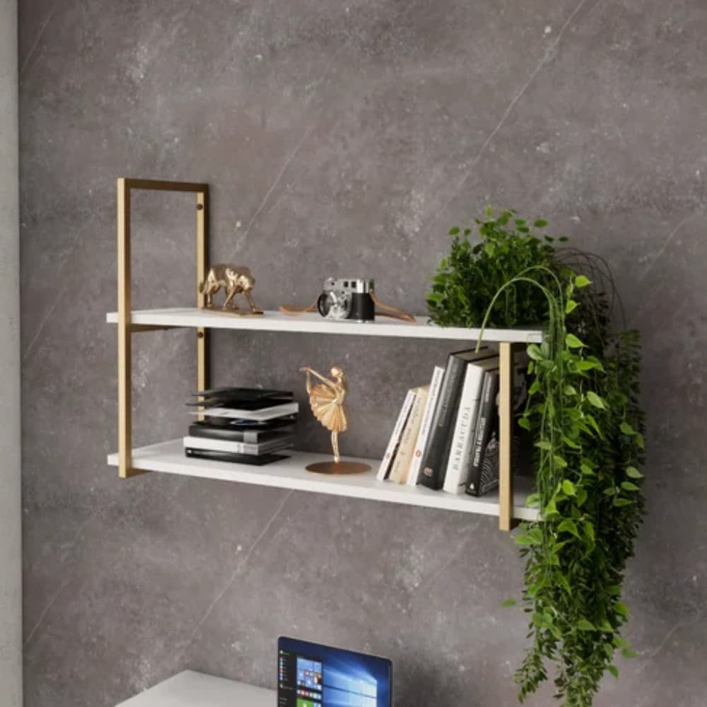 Prateleira Suspensa 100 cm Industrial Nicho Organizador 2 Níveis Suporte Metal Dourado MDF Quarto