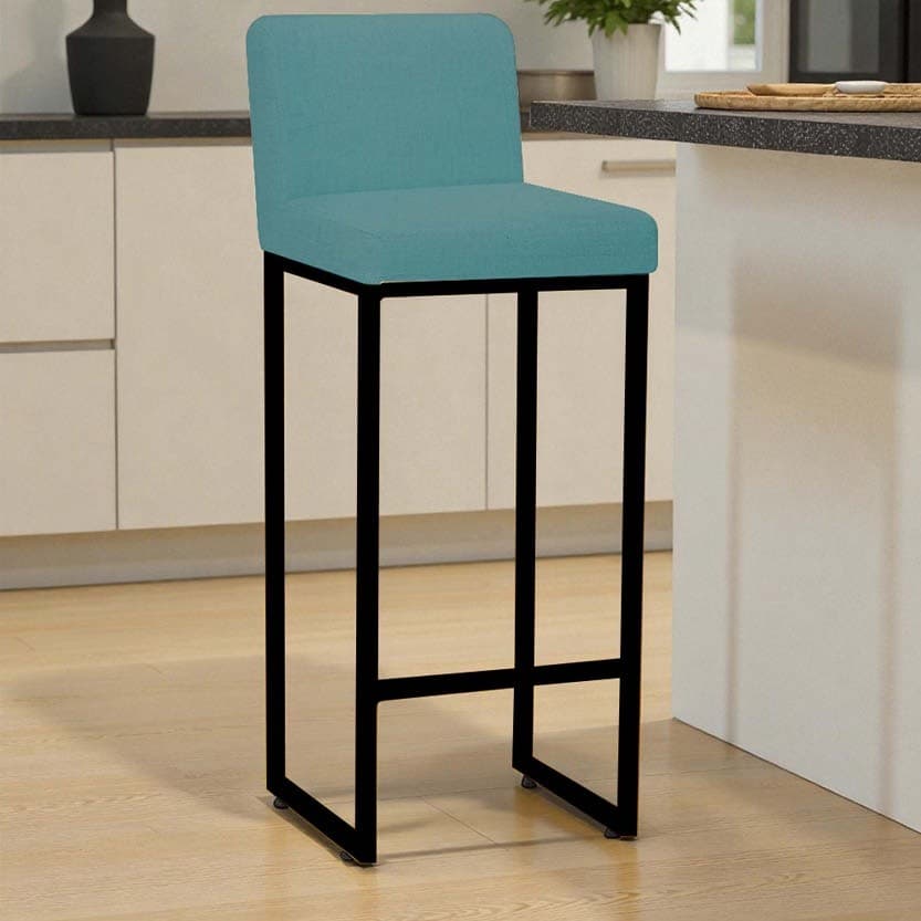 Banqueta Andy Moderna Ferro Preto Estofado Suede Azul Turquesa