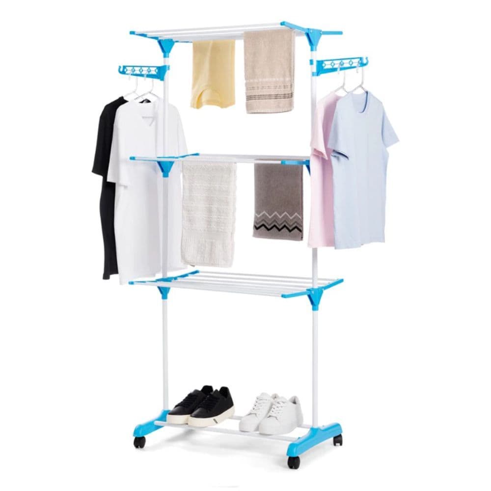 Varal de Chão Dobrável com Rodinhas 3 Andares Reforçado Retrátil Portátil Suporta até 30 Kg Azul