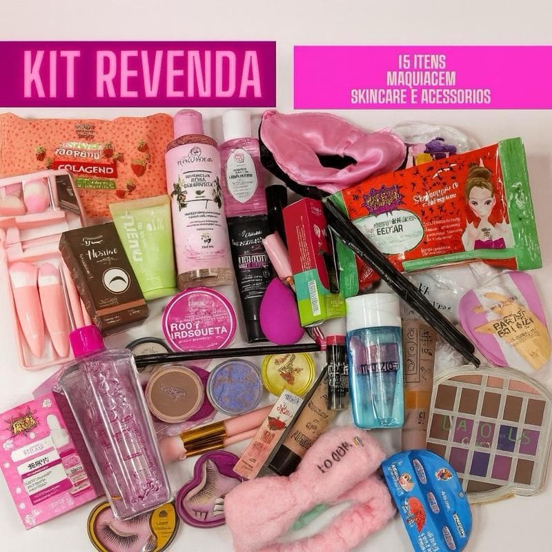 Kit 15 Itens Produto Maquiagem Acessórios Melhores Marcas Skin Care Capilar Com Gloss Batom Pó Pincéis