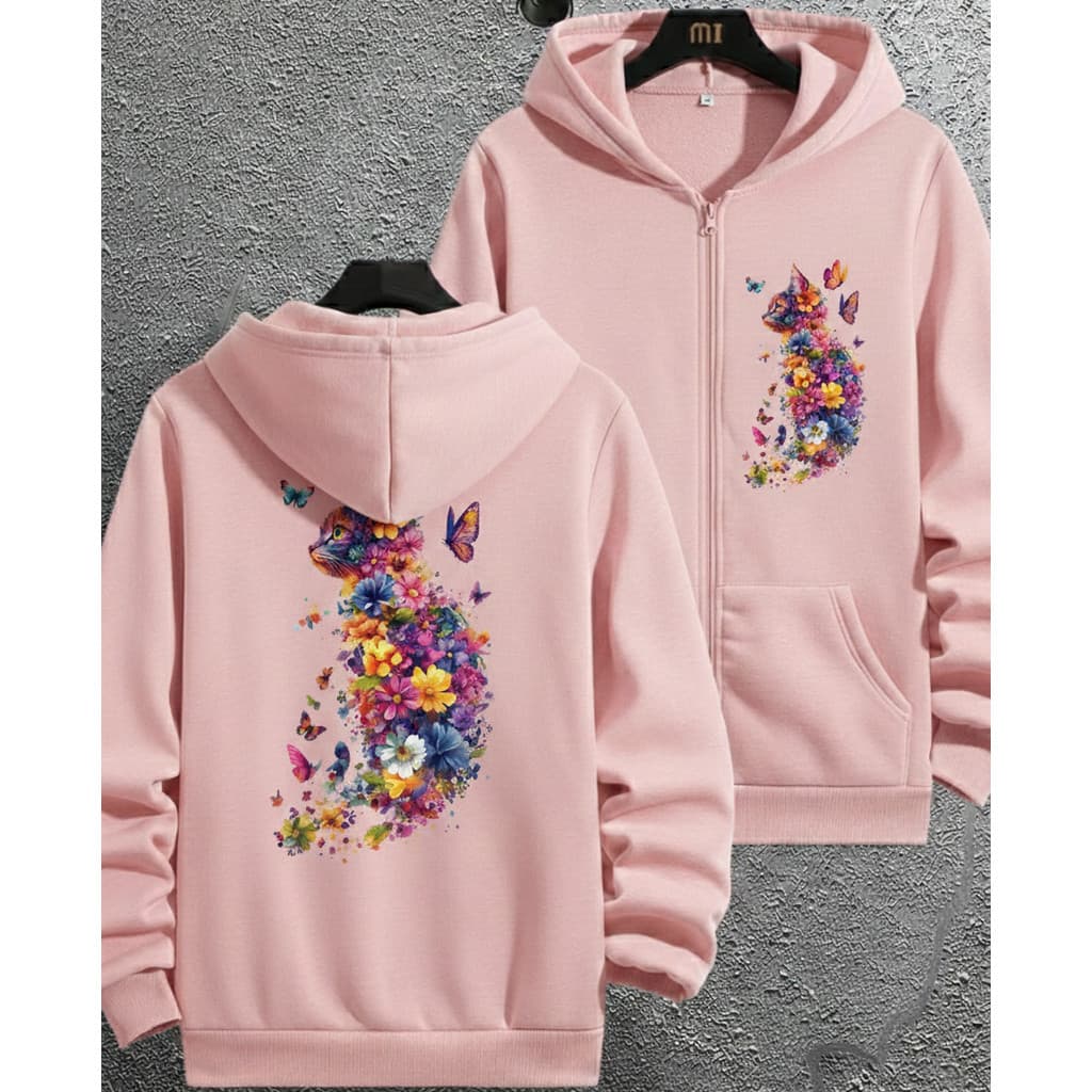 Moletom Zíper Feminino Com Capuz Gato Flores Estampa Exclusiva Jaqueta Blusa De Frio Confortável Inverno Tendência
