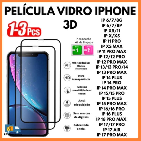 Película 3D GROSSO De Vidro Temperado Para iPhone XR 11 12 13 14 15 16 17 PRO MAX PLUS