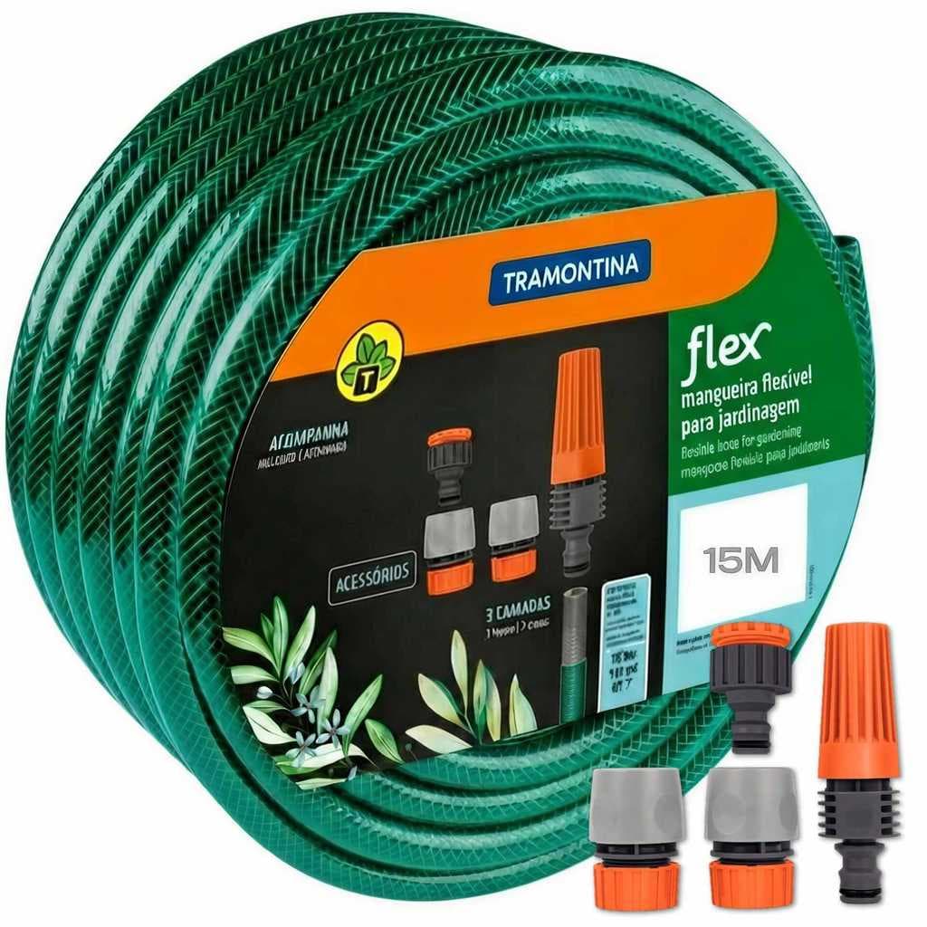 Mangueira De 15 Metros Tramontina Flex Verde Em Pvc 3 Camada 1/2'' Kit Esguicho Irrigação Trançada