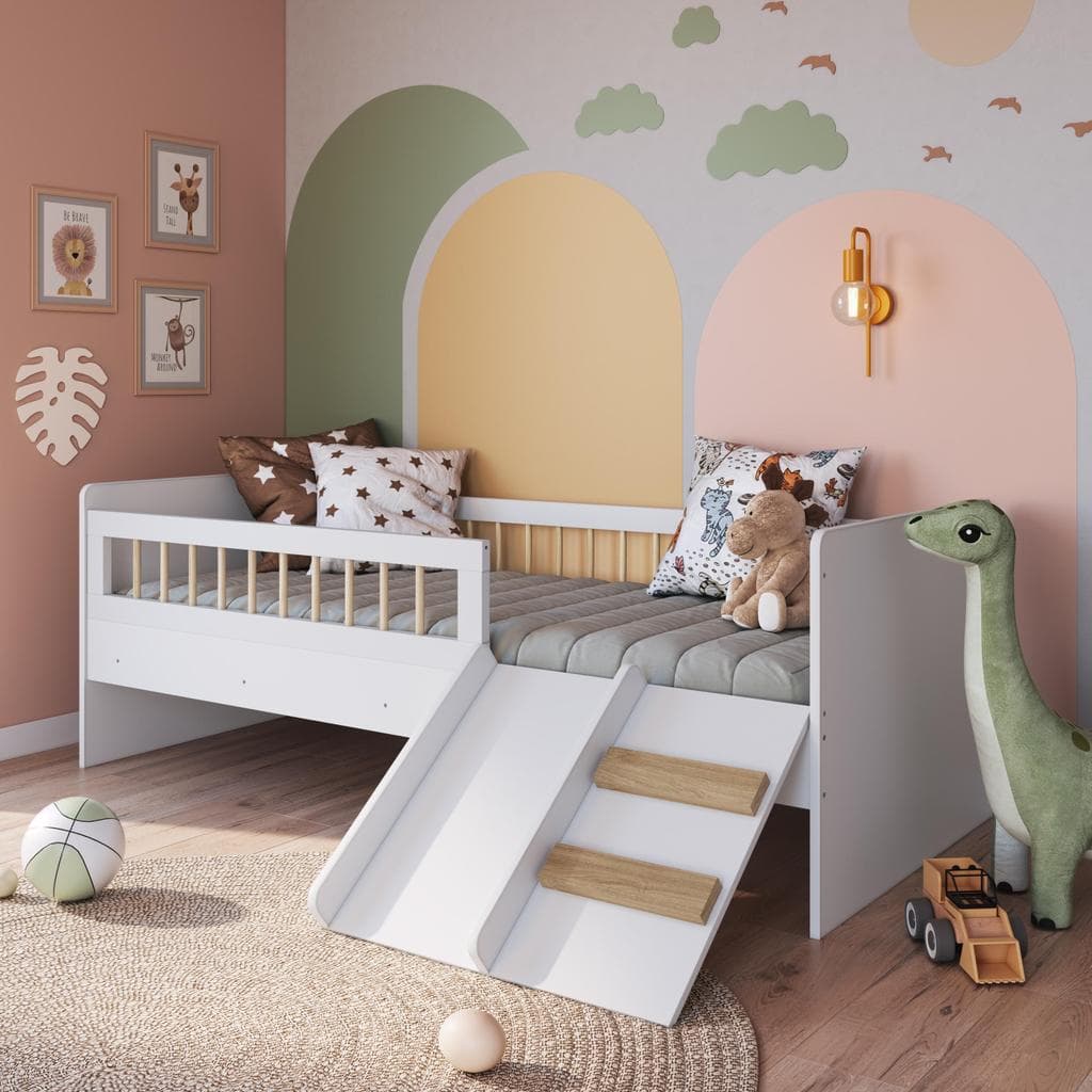 Cama Infantil Montessoriana com colchão Escorregador e Grade de Proteção Branca
