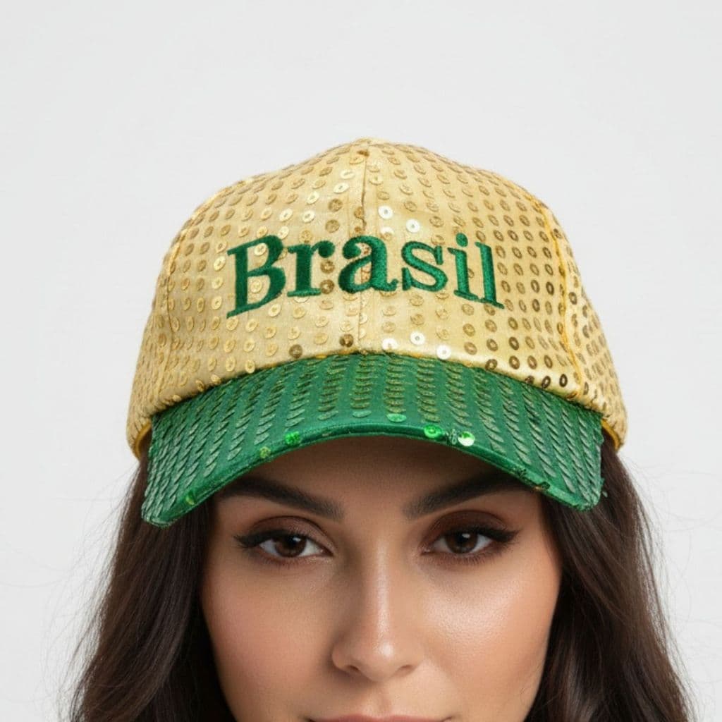 Boné do Brasil Verde e Amarelo com Lantejoulas Ajustável com Velcro Torcida Brasil Copa do Mundo
