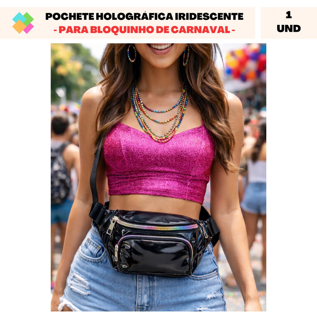 Pochete Holográfica Iridescente Carnaval Unissex com Zìper Duplo (1 Und)