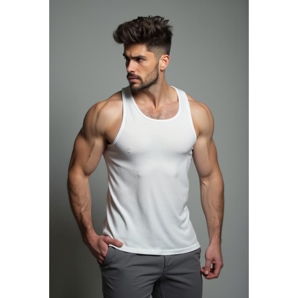 Regata Branca canelada masculina estilo americana ribana slim fit academia esporte