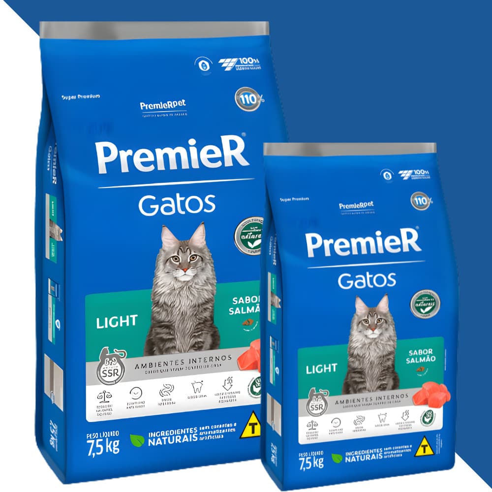 Ração Premier Ambientes Internos Gatos Adultos Light Salmão 7,5kg