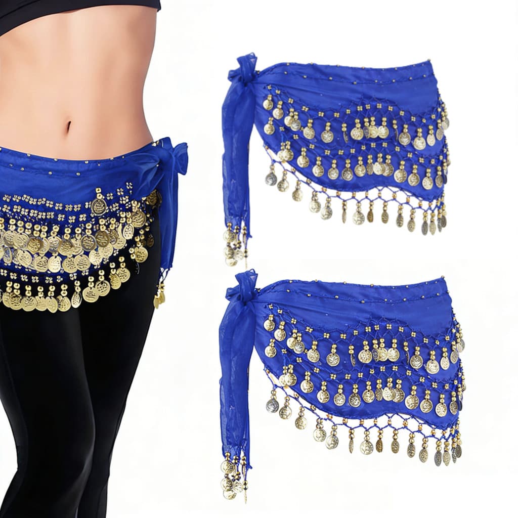 Lenço de cintura para dança do ventre, 2 pacotes, 130 cm, 3 fileiras e 64 moedas, preto/vermelho/azul (três cores opcion