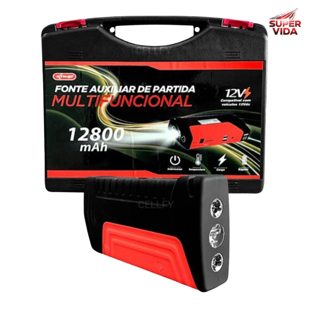 Knup Auxiliar de Partida Carro Moto 12V KP-TC07A+ Mini Compressor de Ar Powerbank Lanterna com Maleta
