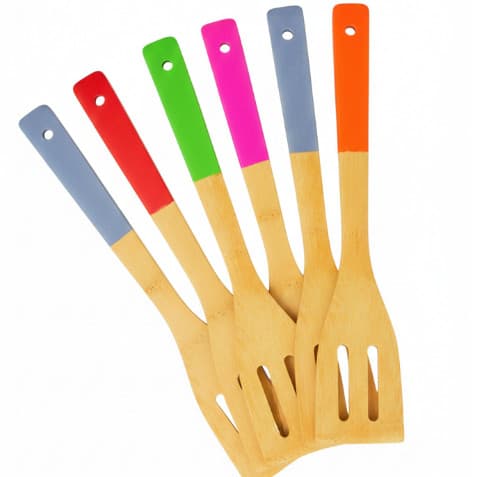 Kit 6 Espátulas Reta Coloridas Vazada Bambu Nature 30cm Mai Home Útensilio Cozinha