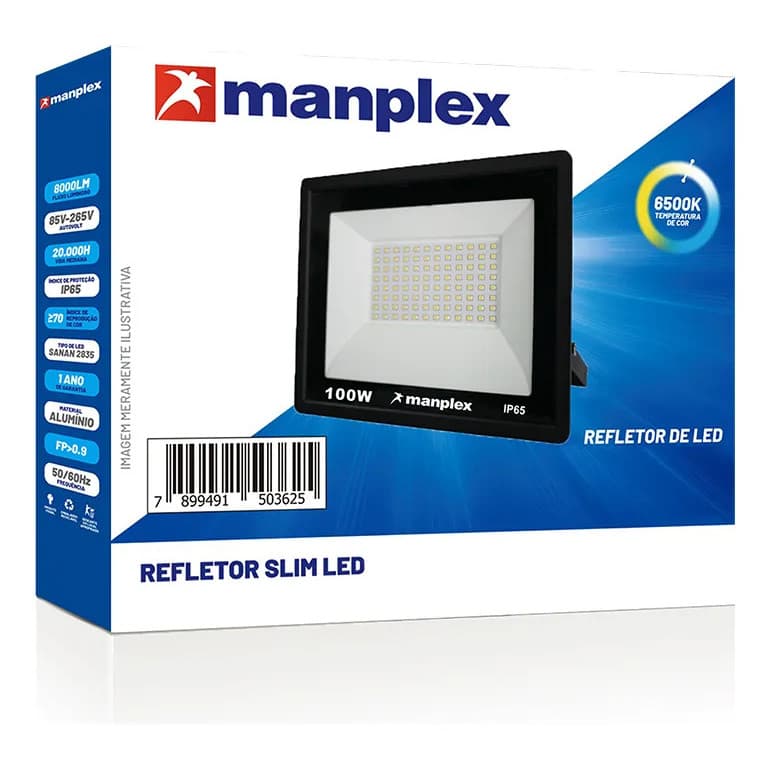 Refletor LED 100W Manplex IP65 Branco Frio 6500K Bivolt Holofote Externo Prova D’Água Alta Potência 8000LM