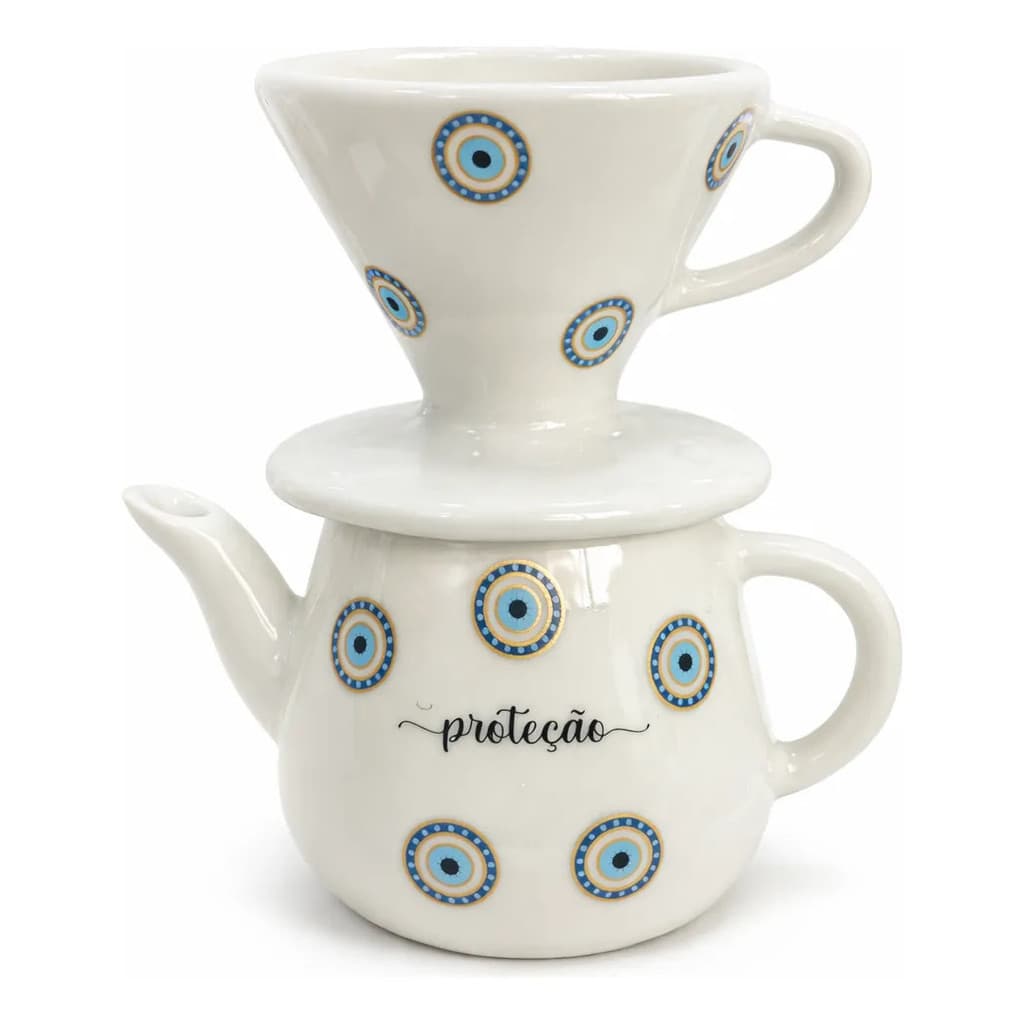 Kit Café Coador Com Bule 500ml Porcelana Olho Grego Proteção