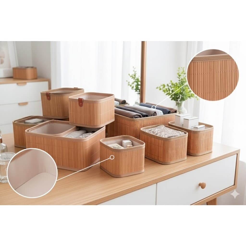 Conjunto 3 Cestos Organizadores Bambu Sustentáveis Duráveis Design Elegante Casa