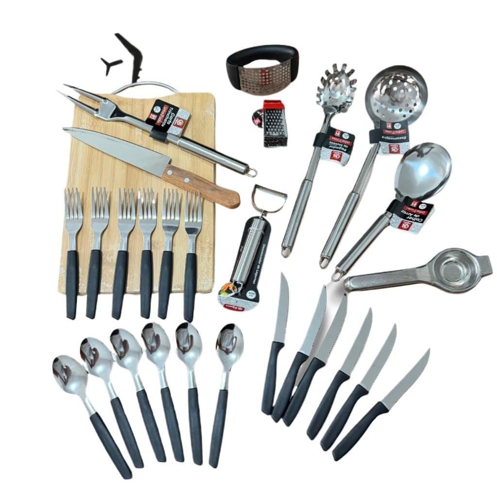 Kit Casa Cozinha 28 Itens Colher Mesa Feijão Arroz Amassador De Alho Espremedor Limão Garfo