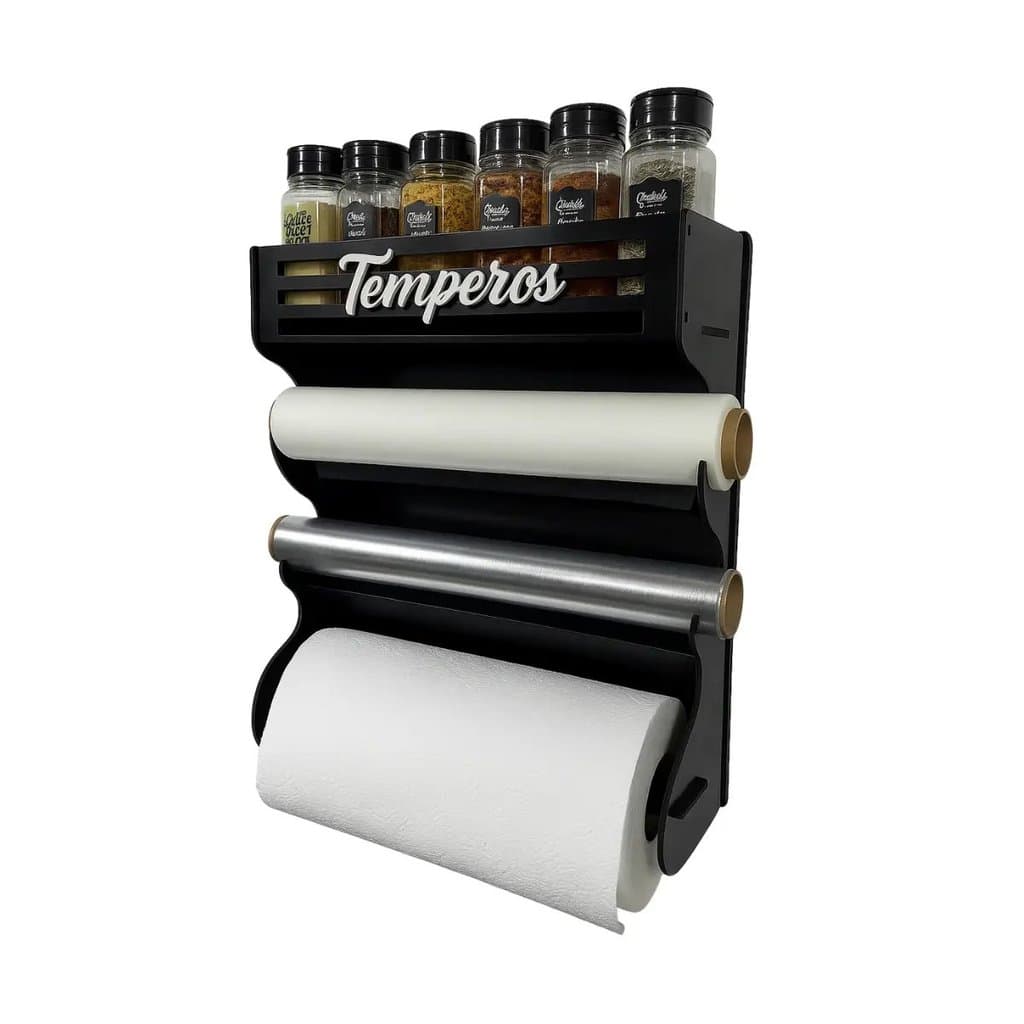 Suporte de Temperos de Parede com Porta Papel Toalha e Porta Alumínio Organizador Multifuncional para Cozinha e Cantinho