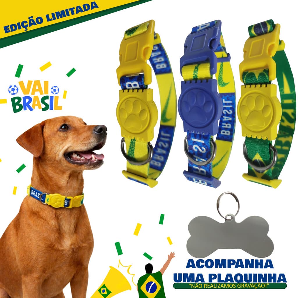 Coleira Para Cachorro MLT PET Brasil Copa do Mundo Regulável (32cm a 54cm) para Cães Pequenos e Médios portes.