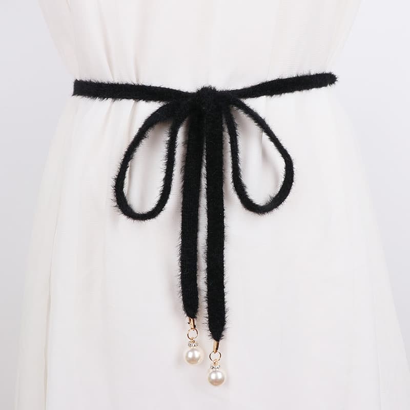 Versão coreana elegante cinto fino vestido feminino saia cinto pele de coelho malha cintura corrente Casual camisola cin