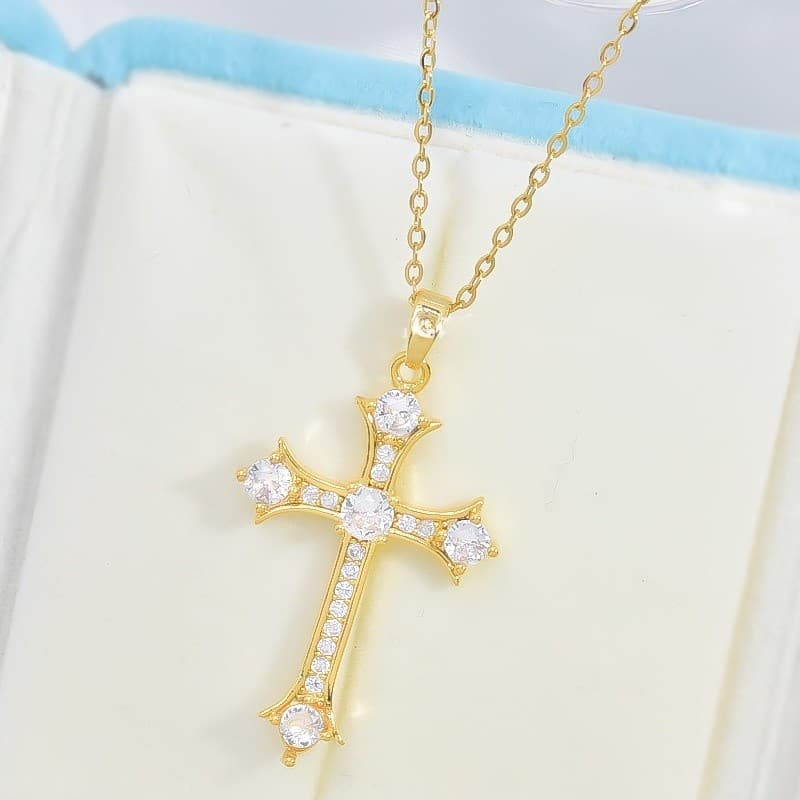 Colar Feminino Cruz De Diamante Dourado