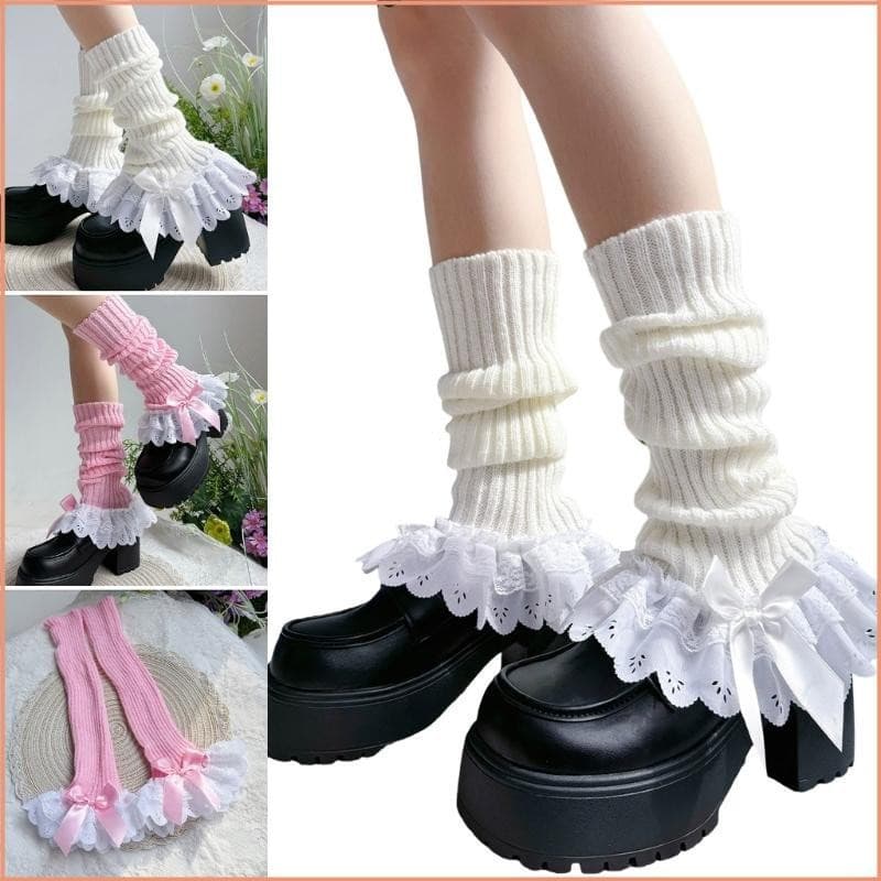 Yao Feminino Lolitas Nervuras Malha Meias Longas Polainas Adorável Bota Inverno Tornozelo Heap G
