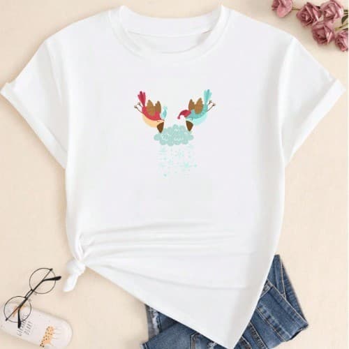 Camiseta Feminina Básica Soft Moda Pássaros Passarinhos Tomando Água Poça