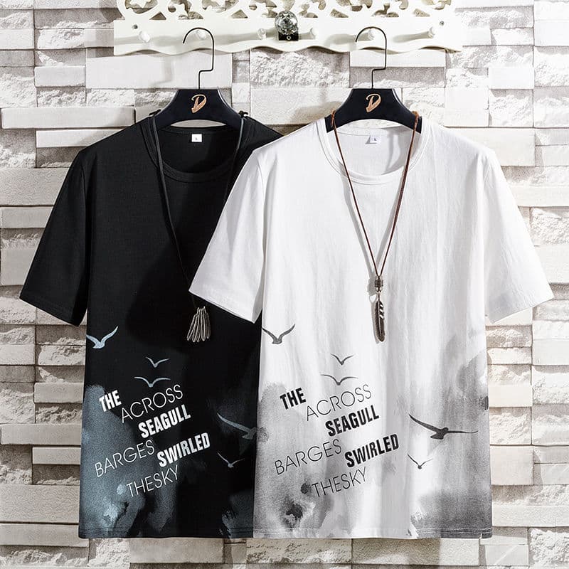 Camiseta de manga curta masculina 2022 início da primavera novo estilo meia manga gelo seda magro em torno do pescoço es
