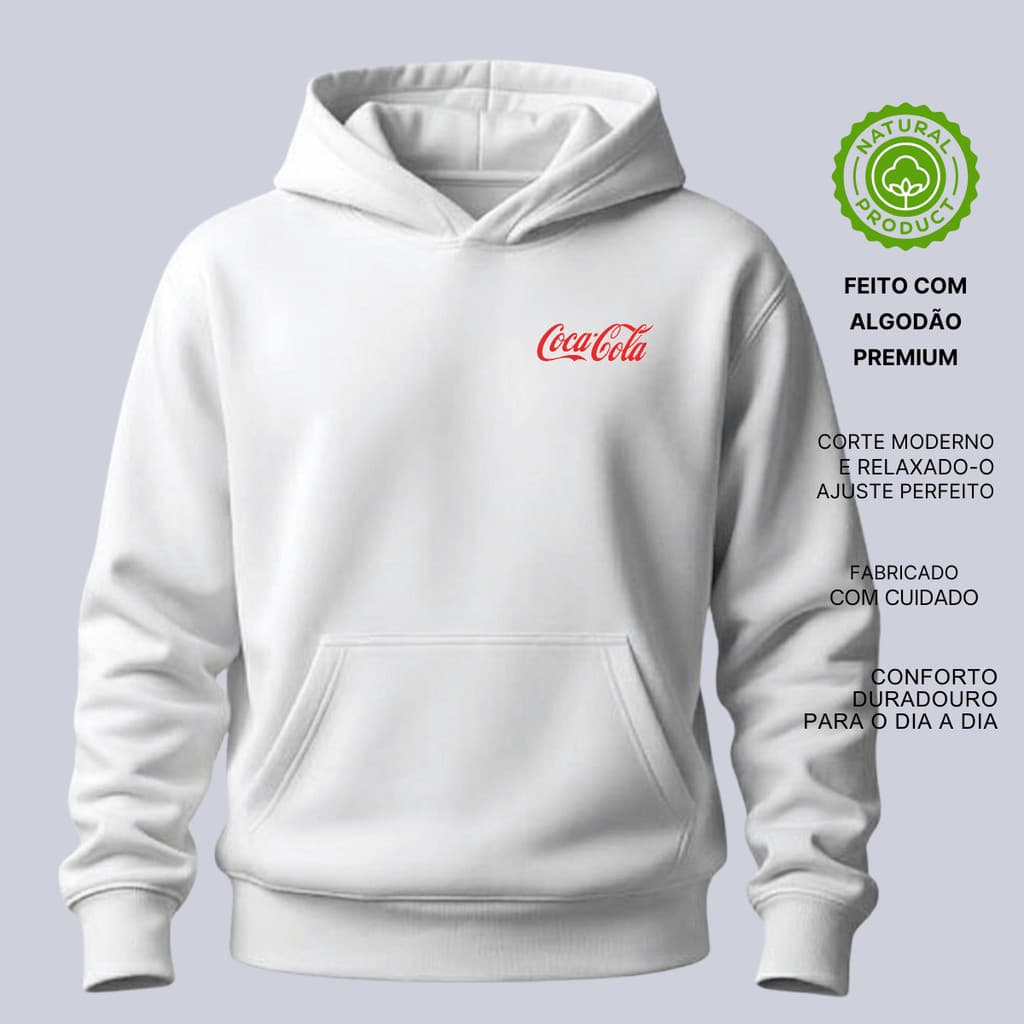 Moletom Coca Cola Minimalista Canguru Capuz Blusa De Frio Algodão Flanelado Inverno Quentinho
