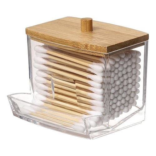 Porta Cotonete  Retangular Transparente Com Tampa De Bambu