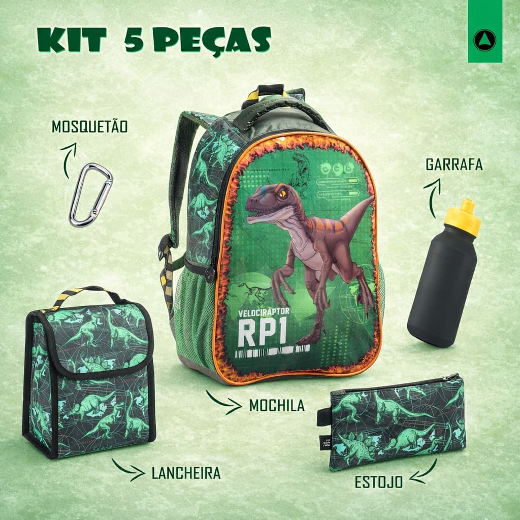 Kit Infantil com 5 peças: mochila + lancheira + estojo + garrafa plástica + Dinossauro Escola Creche