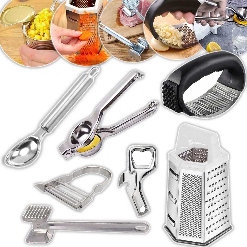 Kit Cozinha Martelo Carne Amassador Espremedor Alho Limão Descascador Legumes Abridor Lata Ralador 6 Faces