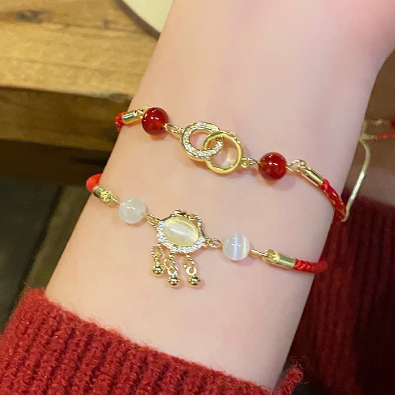 Fivela segura pulseira de corda vermelha meninas novo estilo chinês ágata vermelha pulseira de corda trançada luz luxo n