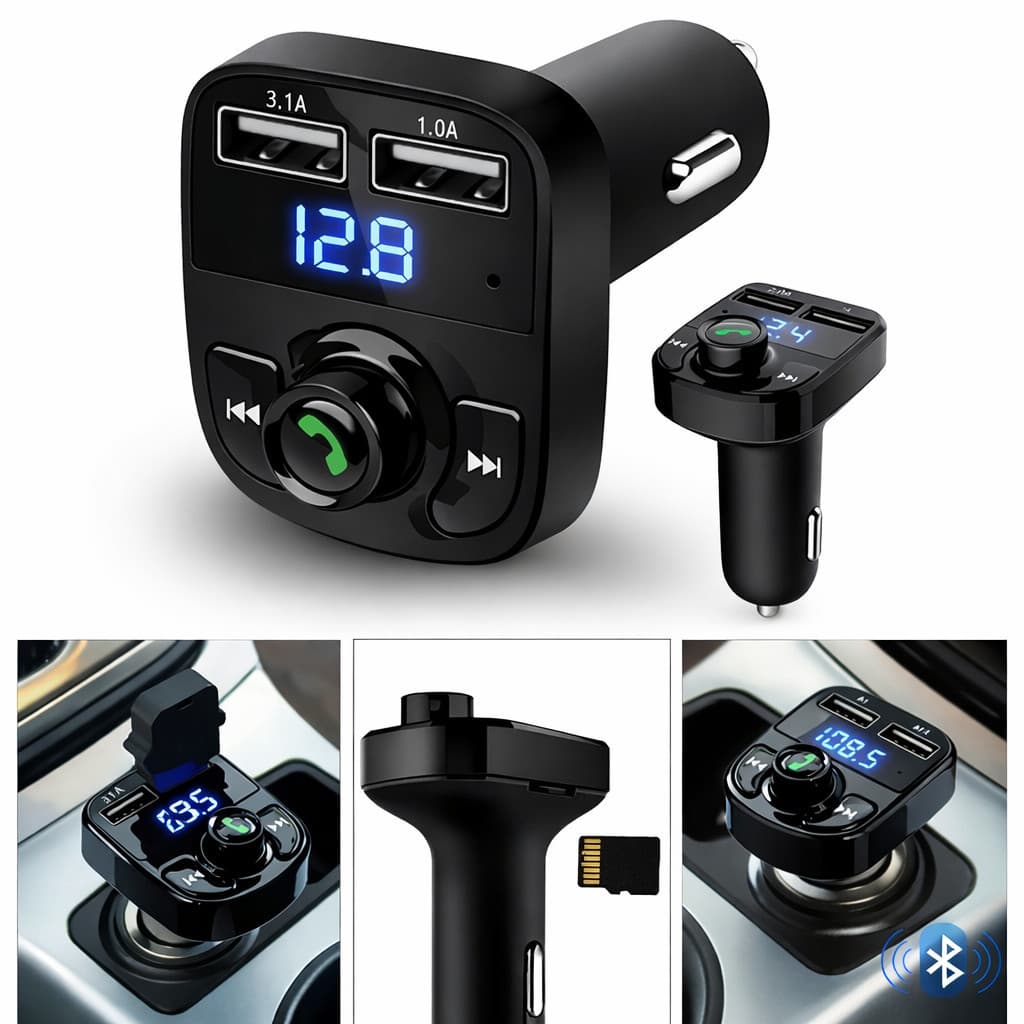Adaptador Bluetooth para Carro Transmissor FM com 2 Portas USB Viva Voz MP3 USB e Cartão TF
