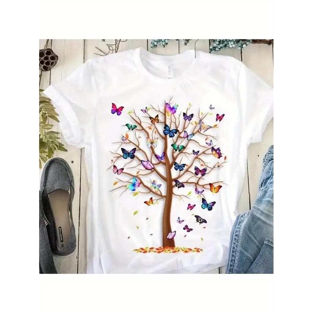 Camiseta de Árvore com Borboleta para Mulheres Algodão para Primavera Verão Camiseta de Borboleta camisa feminina
