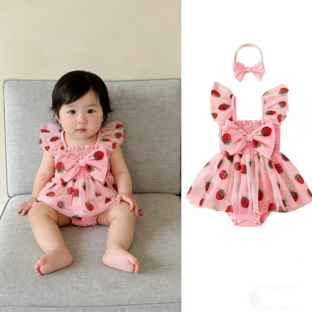 Conjunto De 2 Peças Para Bebês Meninas , Confortável , Sem Mangas , Gola Quadrada , Estampa De Morango E Faixa De Cabeça