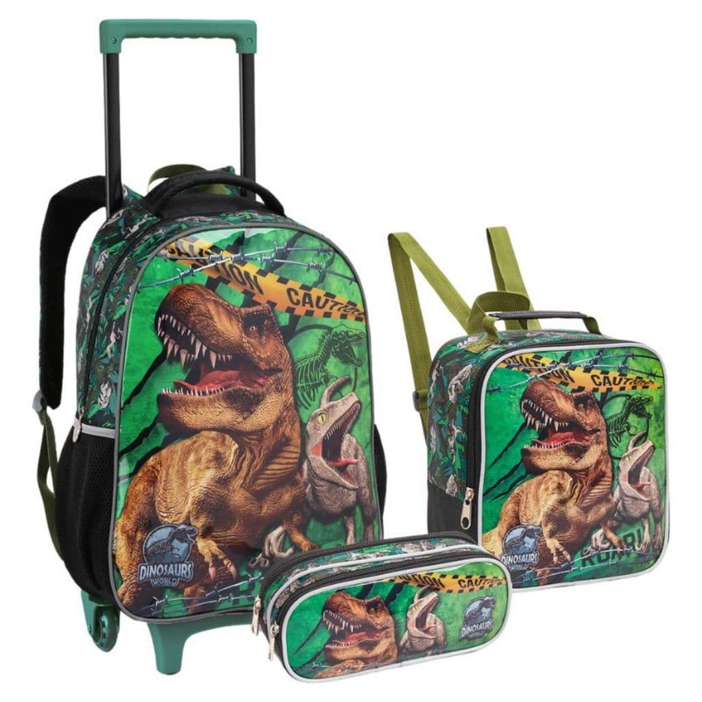 Kit Mochila Rodinha Alça Lancheira Estojo Escolar Menino Infantil Dinossauro Rex Seanite