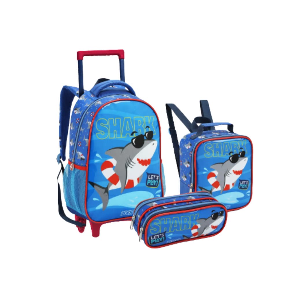 Kit Mochila Lancheira e Estojo Infantil EscolarTubarão Zoop
