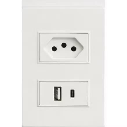 Tomada de Parede Dupla 3 Pinos com USB e Tipo C 5V Bivolt para Carregamento - XL