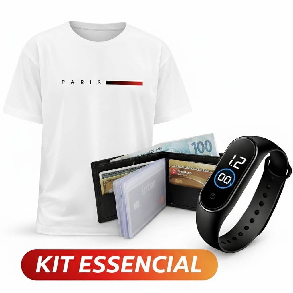 Kit Camisa Paris T-shirt 100% Algodão + Relogio  Digital + Carteira Couro Ecológico Ótimo Presente Envio Imediato