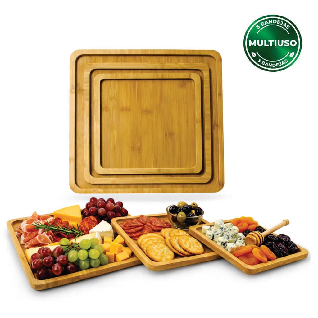 Kit 3 Bandejas Tábua Petisqueira MDF Jodo de Servir Frios, Queijos e Porções Quadrada ou Retangular