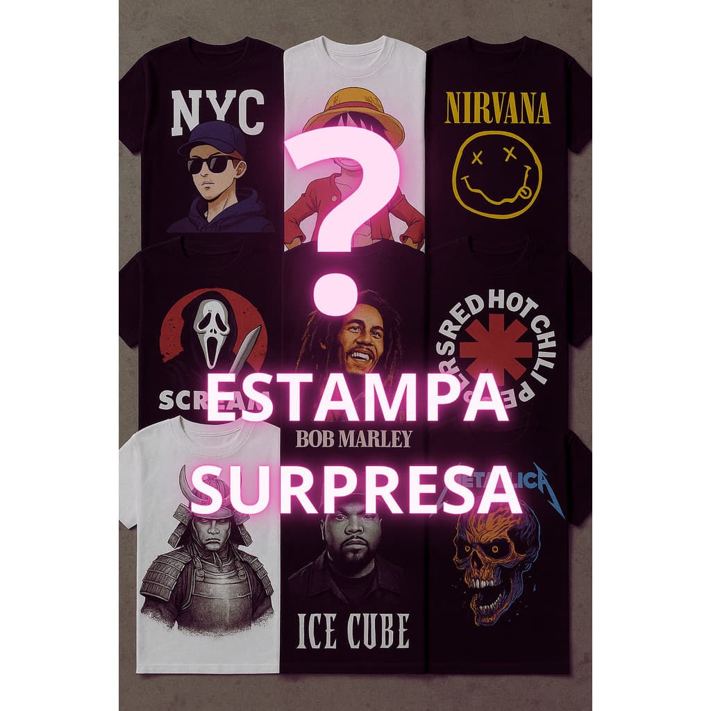 Kit 5 Camisetas surpresa/aleatorias 100% Algodão Unissex Envio Rapido
